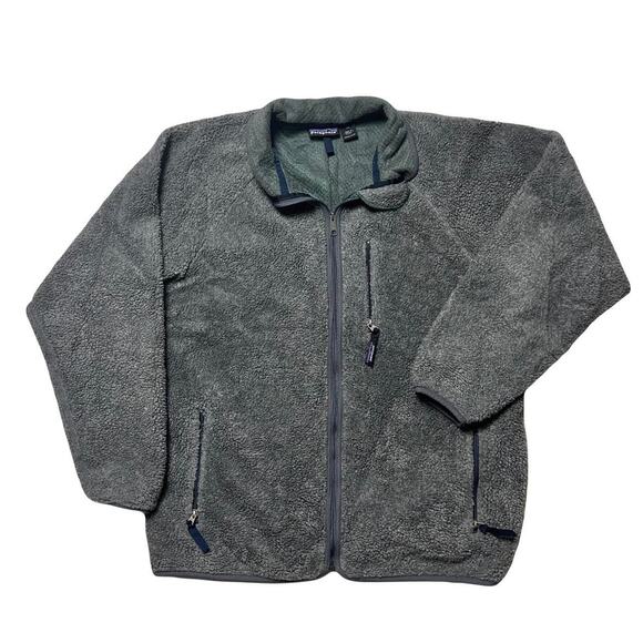Patagonia Vintage 90s USA made Deep Pile Grey Fleece Cardigan Sweater Jacket XXL